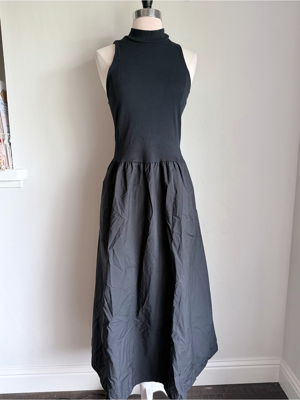 A New Day Sleeveless Knit Mock Neck Maxi Dress Poplin Skirt Drop Waist Pockets S